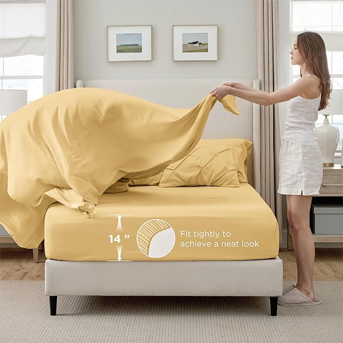 Bedsure Twin Comforter Set Yellow - Bed in a Bag Twin Size Bedding 5 Pieces, GentleSoft™ Pintuck Bed Set Gift for Family, Pinch Pleat Yellow Comforter with Sheets, Pillowcase & Sham