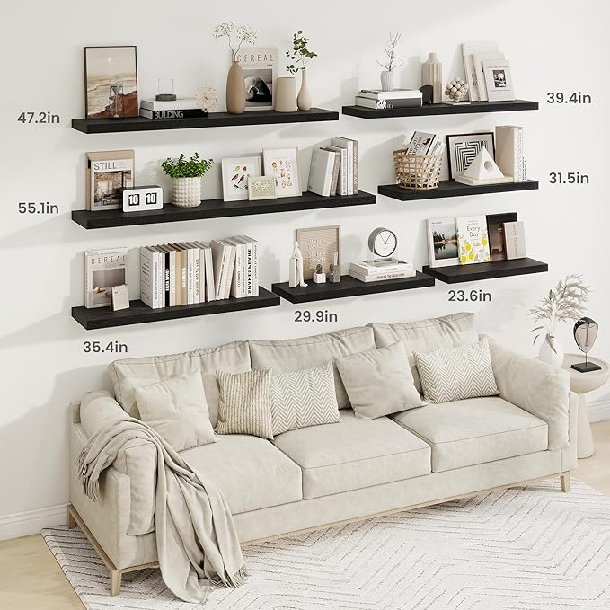 Fun Memories 36 Inch Floating Shelves, 9.3 Inch Deep Rustic Wall Shelves - Extra Deeper Wall Mounted Storage Shelves for Bathroom, Kitchen, Living Room (Black, Set of 2)