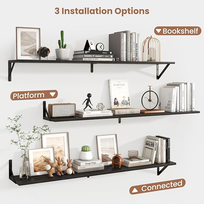 Axeman Black Floating Shelves for Wall 48 Inch | 47.3W x 8D Rustic Wood Floating Shelves Set of 2 | 8 Inch Deep Long Wall Shelves for Bathroom Kitchen Living Room | Bookshelf Display Shelves