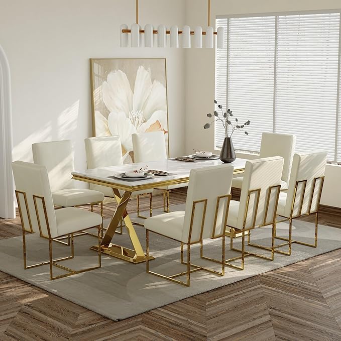AUZ Dining Chairs Set of 8, White Faux Leather Dining Room Chairs with Gold Stainless Steel Sled Legs