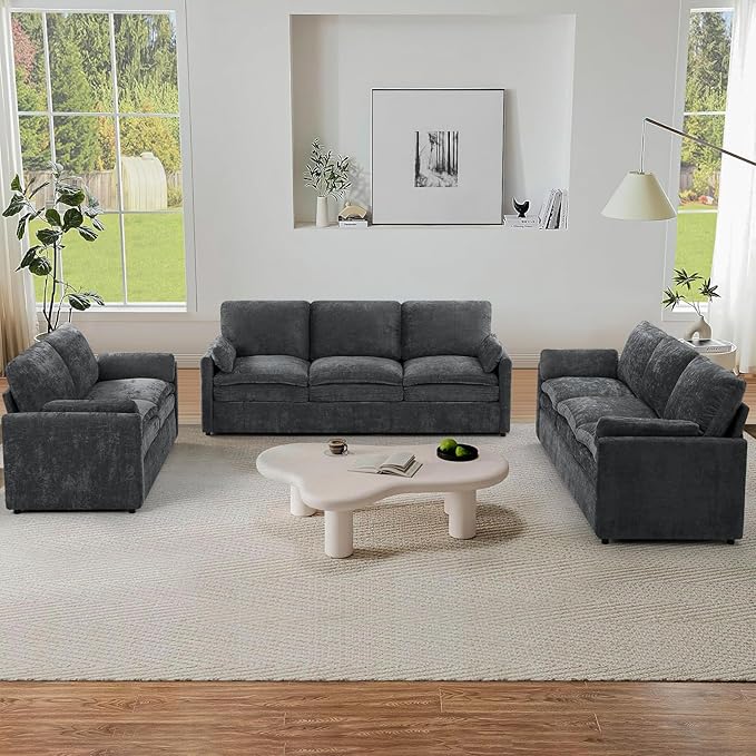 3 Pieces Chenille Sofa Set w/Arm Pillows, Upholstered Loveseat & 2 Pieces 3 Seater Sofa w/Comfortable Back Cushions, Modern 2-Seat & 3-Seat w/High-Density Foam for Living Room, Grey