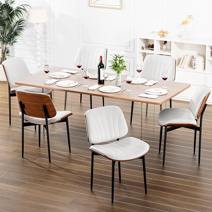Dining Chairs Set of 8, Dining Room and Kitchen Chairs, FSC Certified Mid Century Modern Accent Chair, Upholstered PU Leather Chairs for Vanity with Walnut Bentwood and Metal Legs, White