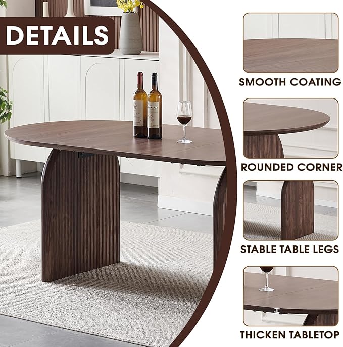71'' Wood Dining Table,Oval Kitchen Table for 6-8,Walnut Table with Dual Pedestal Base,Farmhouse Dining Table Ideal for Kitchen,Dining Room(Easy to Assemble)