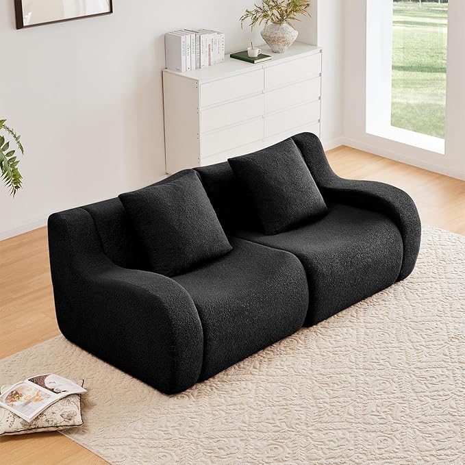 Black Cloud Couch Loveseat, Modern Teddy Fabric Boneless Sectional Sofa in a Box for Living Room, Modular Floor Couch, No Assembly Required, Sofas para Sala
