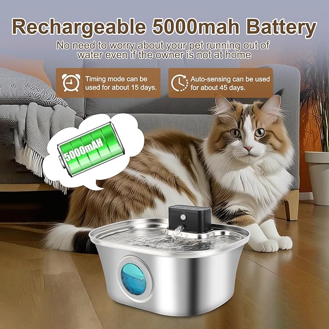 Wireless Cat Water Fountain Stainless Steel, 3.2L Large Dogs Drinking Dispenser Fountain with Spout, Automatic Feeder Indoor, Cordless Water Bowl for Cats Dogs Pets Auto Animals Waterfountain - 108oz