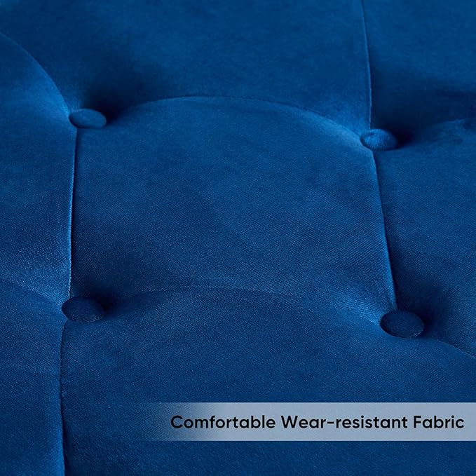 65" Storage Ottoman Bench, End of Bed Storage Bench King Size with Tufted Button Upholstered and Gold Legs, Bedroom Benches with Armrests for Living Room Window and Entryway, Navy Blue