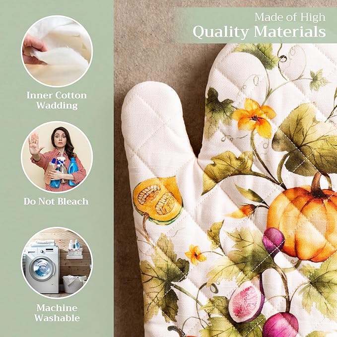 Maison d' Hermine Oven Gloves 100% Cotton Oven Mitt 7" x 13" with Loop Heat Resistant Cooking Gloves for Thanksgiving Christmas Decorations Handling Hot Pans (Pack of 1, Pumpkin Garden - Cloudy Cream)