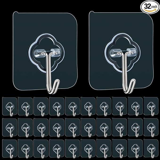 Adhesive Hooks, 32 Pack 33lb(Max) Sticky Hooks, Transparent Reusable Removable Adhesive Hooks for Hanging, Wall Hooks for Hanging Can be Use for Kitchen Bathroom Shower Outdoor Home Improvement