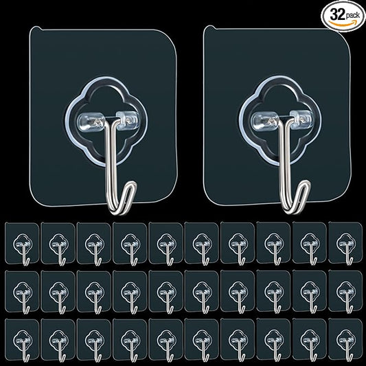 Adhesive Hooks, 32 Pack 33lb(Max) Sticky Hooks, Transparent Reusable Removable Adhesive Hooks for Hanging, Wall Hooks for Hanging Can be Use for Kitchen Bathroom Shower Outdoor Home Improvement