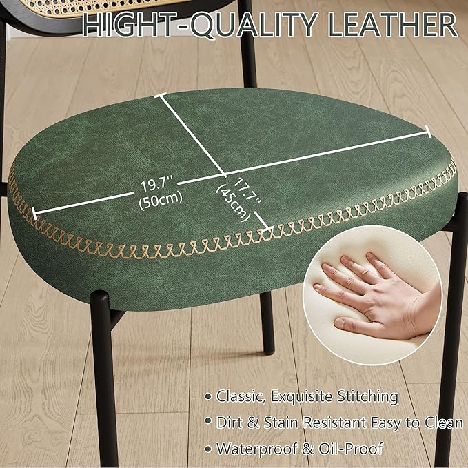 Rattan Dining Chairs Set of 4, Green Leather Upholstered Dining Chairs with Rattan Cane Back, Mid Century Modern Dining Room Chairs with Black Metal Legs & D-Shaped Thicken Cushion, Green