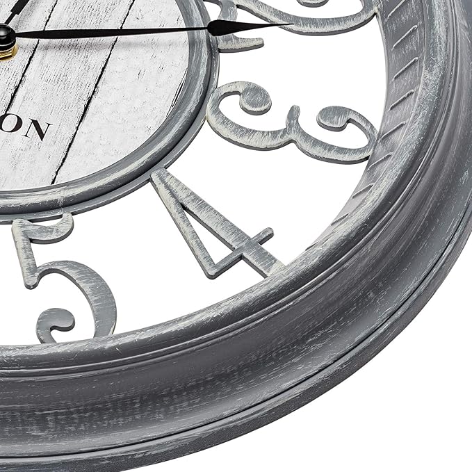 Bernhard Products Large Wall Clock 16 Inch Gray Noiseless Battery Operated Quality Quartz Rustic Farmhouse Shabby Chic Vintage Design for Kitchen/Living Room/Bedroom/Decorative Stylish Clocks