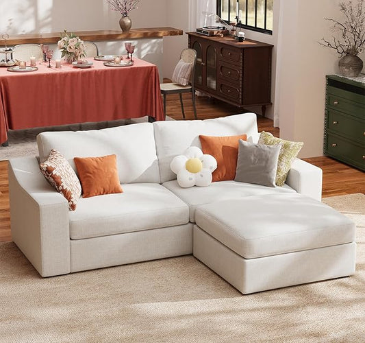 ABCASA L Shaped Sofa Couch with Wide Armrest for Living Room,Removable Cushion Cover, Modern Premium Linen 3 Seater Sofas for Small Space, Office, Apartment, Ivory