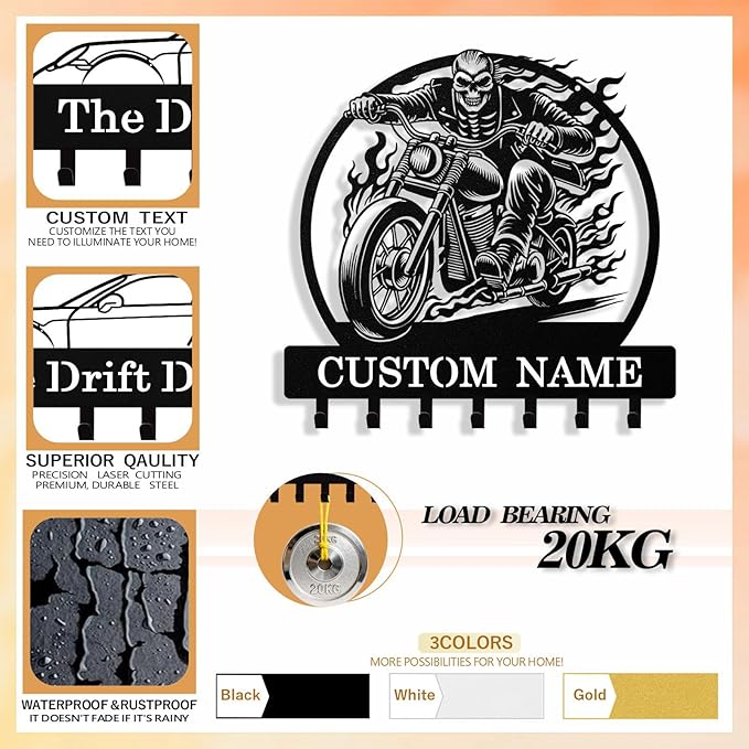 Personalized Key Holder Wall Mount, Custom Motorcycle Metal Keys Holder for Wall with Name, Wall Key Hanger Rack with Hooks for Entryway, Front Door, Living Room, Kitchen, Bathroom, Garden