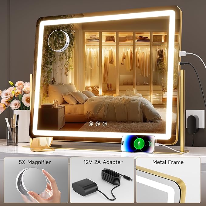Hasipu Vanity Mirror with Lights, 25" x 21" LED Makeup Mirror, Light up Mirror with 10X Magnification and Phone Holder, USB Charging Port, Smart Touch 3 Colors Dimmable, 360° Rotation (Gold)