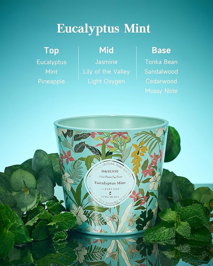 M&SENSE Eucalyptus Mint Scented Candle, 28.2oz 3 Wick Natural Soy Wax Large Candles, Long Lasting Clean Slow Burning No Toxic Décor for Home Relaxation, Romantic Dates Gift-Giving