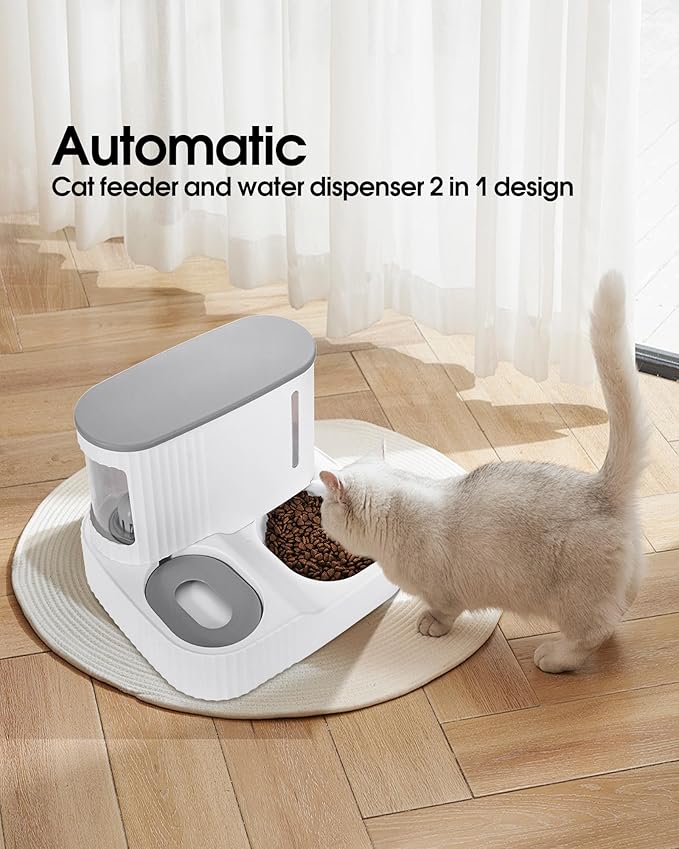 Automatic Cat Feeder,Gravity Auto Timed Pet Dry Food Self Feeding Container Dishes Bowl and Water Dispenser Fountain for Dog Puppy Kitten Kit Set Integrated 2 in 1 Continuous Tray(Grey)