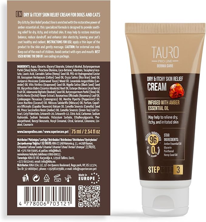 Tauro Pro Line Dog Itchy Skin Relief Cream – Dog Moisturizer for Dry, Itchy Skin – Soothes Itching & Rashes, Gentle for Cats & Puppies (Derma Care 2.5 Fl Oz)