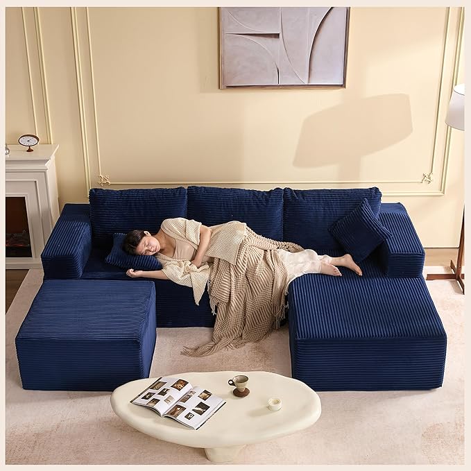 107" Boneless Couch with Deep Seat, Modular Sectional Sofa, Cloud Sectional Couch for Living Room, No Assembly Required, Corduroy, U-Shape 3 Seater Right, Blue