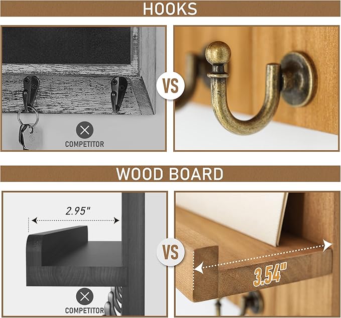 Rebee Vision Farmhouse Key Holder for Wall - Decorative Wall Shelf with Key Hooks & Mail Organizer Wall Mount for Apartment Essentials - Rustic Living Room Decor (Light Brown, 3.54"D x 10"W x 7.28"H)