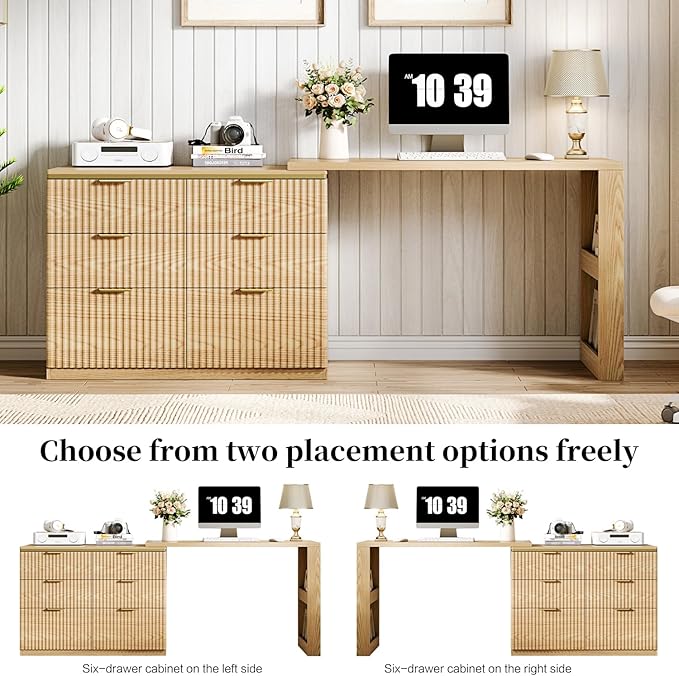 L Shaped Standing Desk,47" Home Office Desks, Executive, Farmhouse Computer Desk with 6 Drawers File Drawer, Rustic Computer Writing, Oak