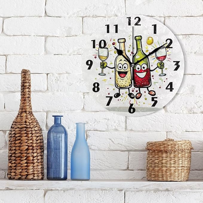 Cute Wine Bottle Wall Clock Round Silent Non-Ticking Battery Operated Clocks 10 Inch White Black Home Decor for Kitchen Bedroom Living Room