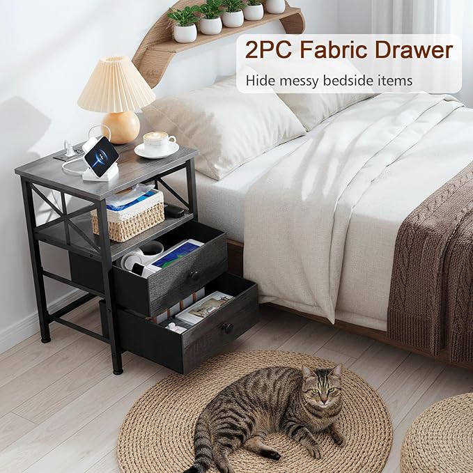 AMHANCIBLE Night Stand Set 2, LED Nightstand with Charging Station, End Tables Living Room with Fabric Drawers, Bedside Table for Bedroom, Dark Grey HET052LDG