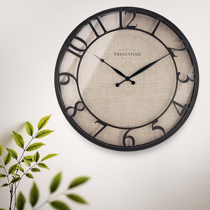 Presentime & Co 21" Farmhouse Series Wall Clock, Cottage Style, Faux Burlap, Oil Rubbed Antique Bronze Finish. Wall Décor for Living Room, Dining Room, and entryway.