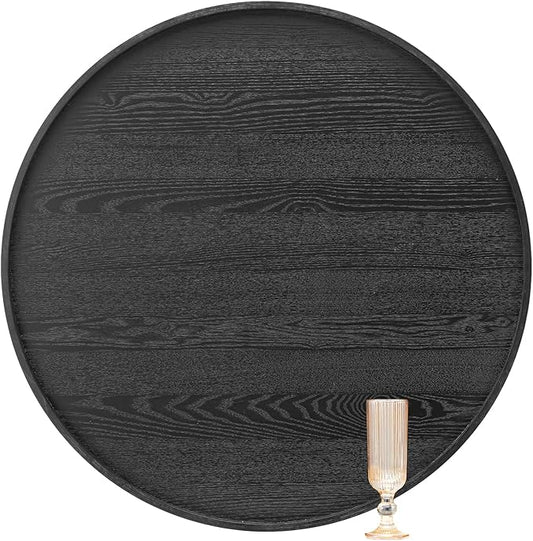28 inch Round Solid Wood Serving Tray Extra Large Tea Coffee Snack Food Meals Serving Plate Non-Slip Kitchen Party Bar Server Ottoman Tray Breakfast Tray with Raised Edges Black