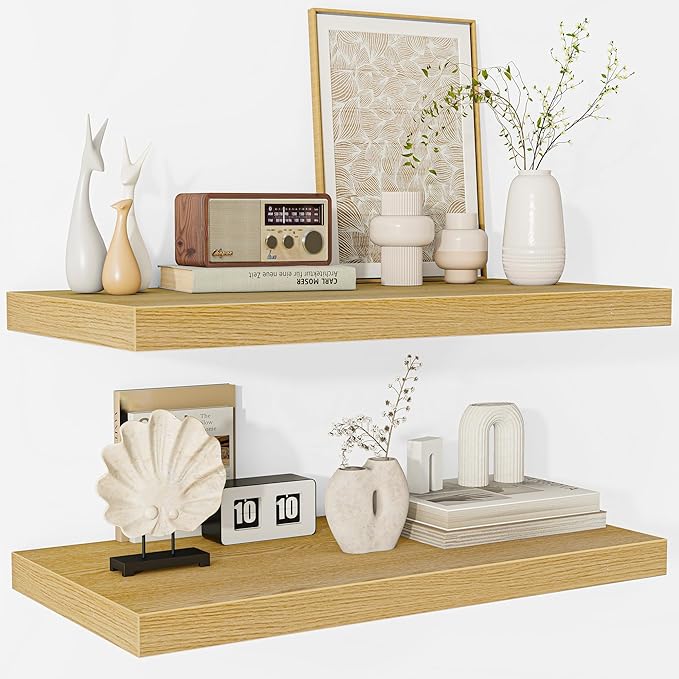 Fun Memories Floating Shelves - 2 Pack 12 Inch Deep Rustic Wooden Wall Shelves - Extra Deeper & Thicker Wall Mounted Storage Shelf for Living Room, Kitchen, Farmhouse - 24" W x 12" D x 1.5" H - Oak