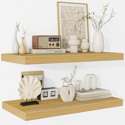 Fun Memories Floating Shelves - 2 Pack 12 Inch Deep Rustic Wooden Wall Shelves - Extra Deeper & Thicker Wall Mounted Storage Shelf for Living Room, Kitchen, Farmhouse - 24" W x 12" D x 1.5" H - Oak