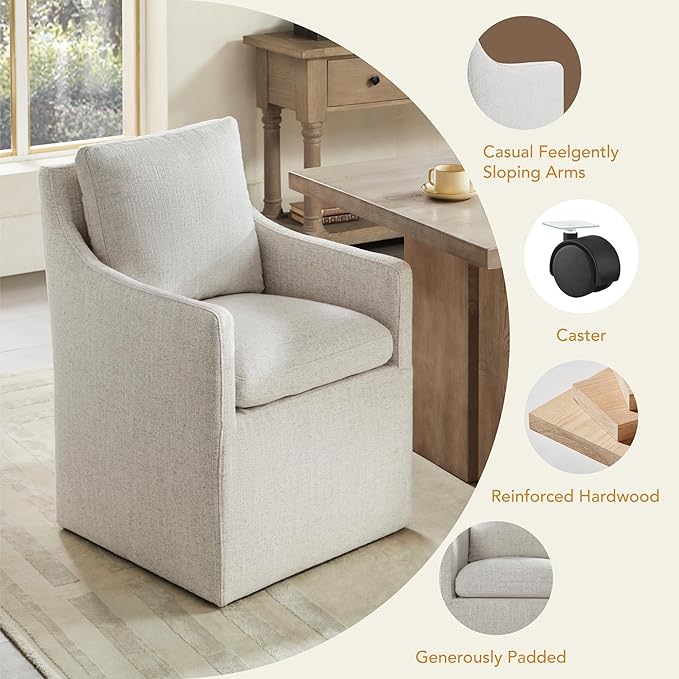 Upholstered Dining Chairs with Casters Modern Accent Armchair with Rollers for Diningroom Bedroom Livingroom Reading Room