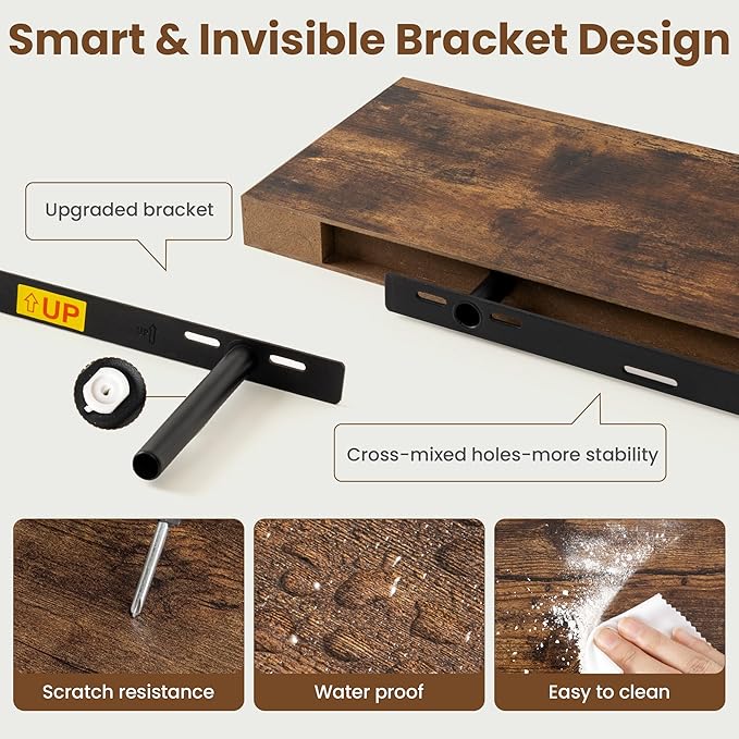 20 Inch Floating Shelves for Wall, 8 Inch Deep Floating Shelf for Storage & Display, Wall Mounted Shelf with Invisible Brackets for Living Room, Kitchen, Bathroom, Home Decor, Set of 2, Rustic Brown