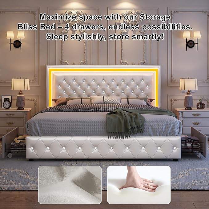 Full Led Bed Frame with 4 Storage Drawers, Bed Frame with Led Lights No Box Spring Needed, 900 lbs Capacity, Easy Assembly, PU White