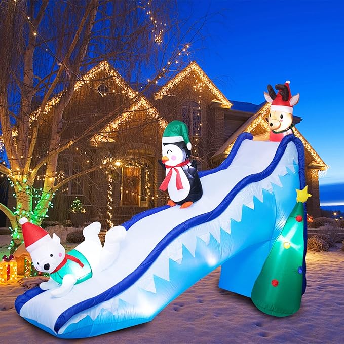 Bshine Christmas Inflatable Outdoor Decorations - 9.5 FT Christmas Inflatable Fun Slide Scene with Penguin Reindeer Polar Bear Blow Up Xmas Decorations with LED Lights for Lawn Garden Decor