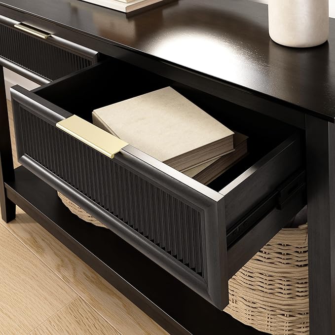 Bush Home Fluted Console Table with Drawers, Living Room Furniture, Camille Collection, Onyx Birch Black