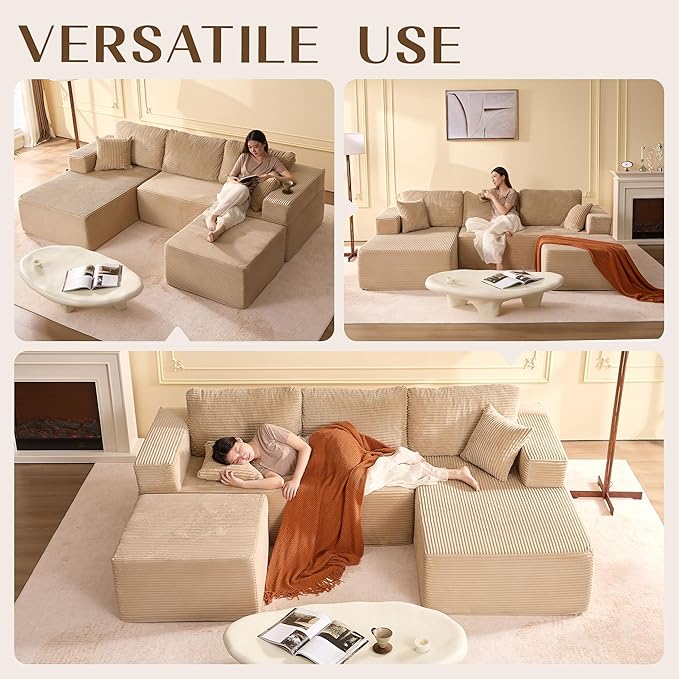 107" Boneless Couch with Deep Seat, Modular Sectional Sofa, Cloud Sectional Couch for Living Room, No Assembly Required, Corduroy, U-Shape 3 Seater Left, Camel
