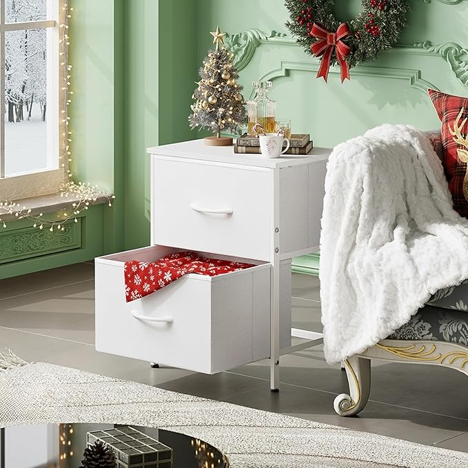 WLIVE White Night Stand, Small Dresser with 2 Drawers & Wooden Top, Nightstand with Fabric Bins, Bedside Table End Table for Bedroom, Closet, Entryway, College Dorm, White