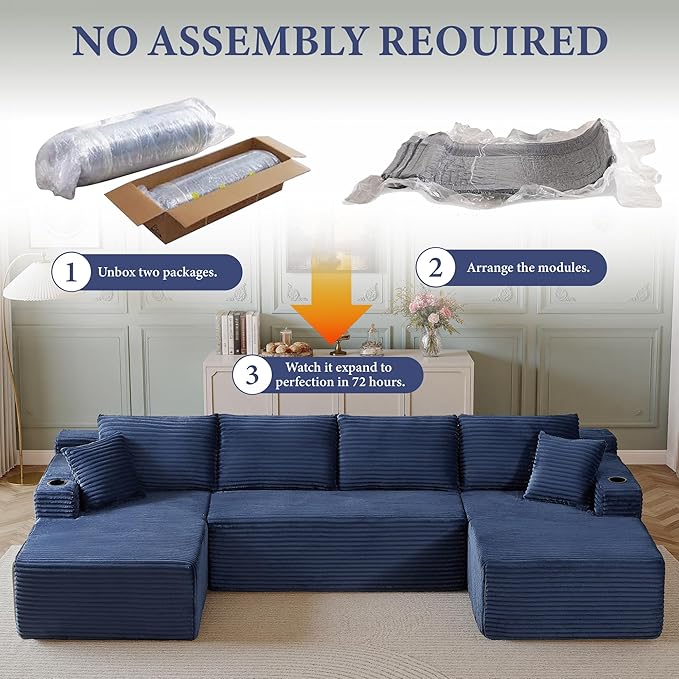 133" Couches for Living Room Deep-Seat Sectional Couch for Living Room Corduroy Boneless Couchs U-Shape Cloud Couch Flexible Modular Sectional Sofa with Chaise Lounge (Blue, with Cup Holder)