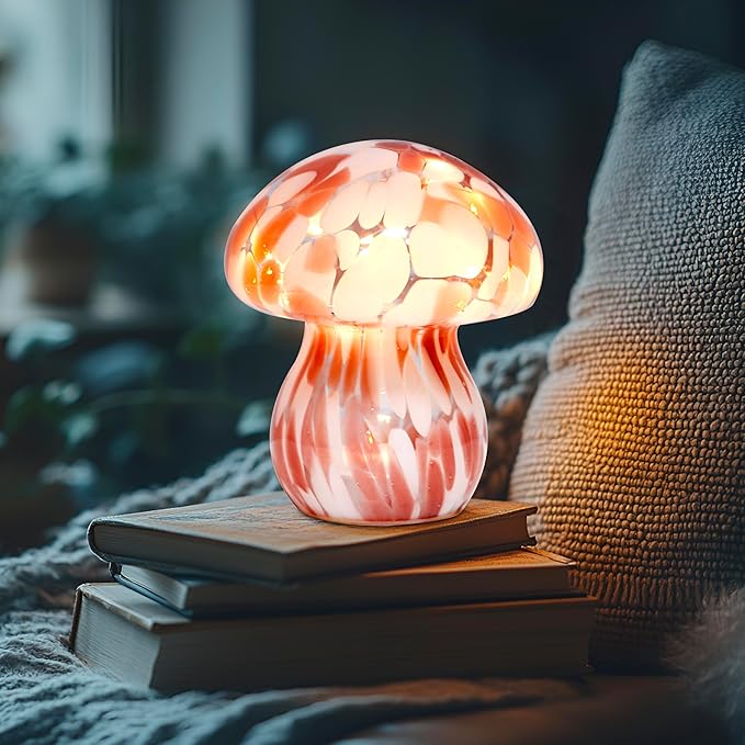 Glass Mushroom Table Lamp, 5.9" Cute LED Night Light for Home Decor, Battery Operated (3 AA), Modern Ambient Light for Living Room Bedroom Office Light Pink