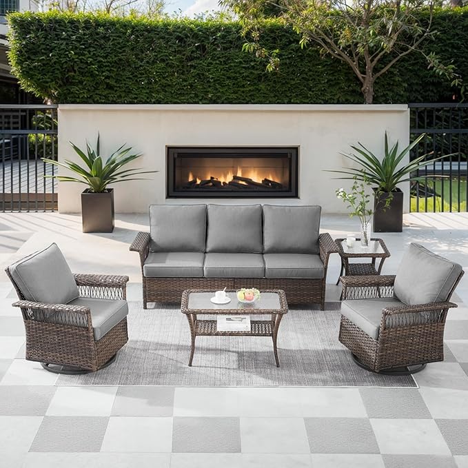 5 Pieces Wicker Patio Furniture Set - Hollow Widen Armrests Outdoor Swivel Glider Chairs and 3 Seat Sofa with Coffee Table & Side Table for Balcony Porch Deck and Yard - Brown/Gray