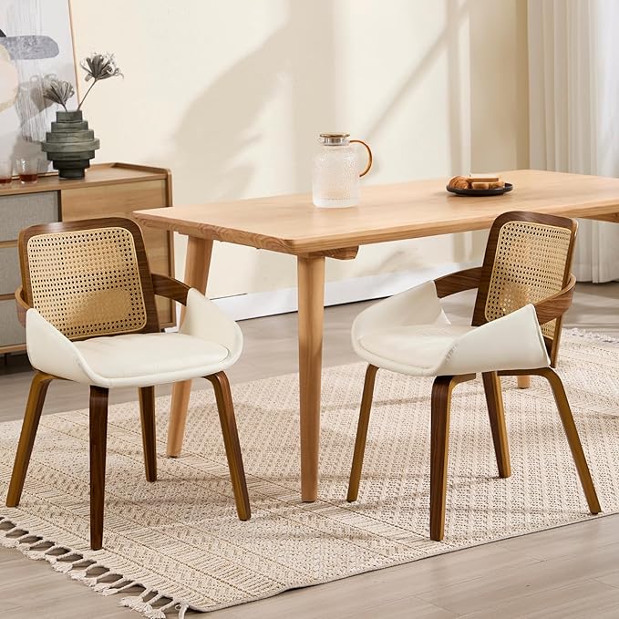 DUOMAY Modern PU Leather Dining Chairs Set of 2, Cane Back Room Chairs with Solid Wood Legs Kitchen Chairs for Living Room, Restaurant, White