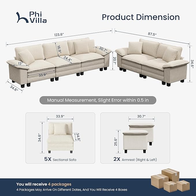 PHI VILLA Cloud Modular Couches Sets, 2 Pieces Comfy Sectional Sofa Set with Loveseat, 5-Seater Upholstered Couch for Living Room, Corduroy, Beige
