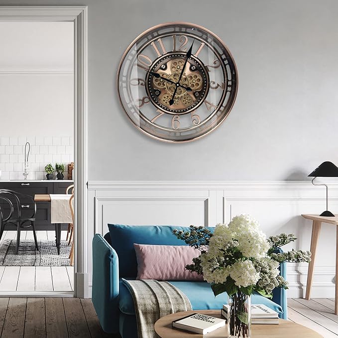 DORBOKER Real Moving Gears Wall Clock Large Modern Metal Clocks for Living Room Decor, Industrial Steampunk Unique Vintage Rustic Decorative Clock for Home Farmhouse Office, 30 Inch Red Copper Arabic