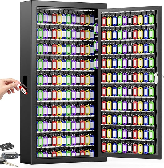 250 Keys Key Lock Box Wall Mount with Additional 24 Side Hooks and Key Tags, Anti-Theft Key Box Key Cabinet with Side Drop Slot, Key Organizer Key Safe for Home Office Garage Rental Business