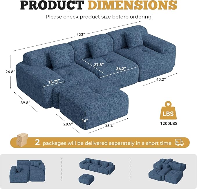 122" Modern Boneless Couches for Living Room, Convertible L Shaped Modular Sectional Sofa,4 Seater Cloud Couch Sofa Set, Blue 1 PCS