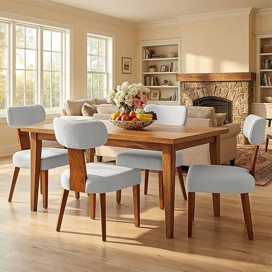 Dining Chairs Set of 4, Mid-Century Modern Upholstered Kitchen Chairs with Curved Backrest and Linen Fabric Seat, Wood Leg Accent Chairs for Dining Room, Living Room, Bedroom, Grey