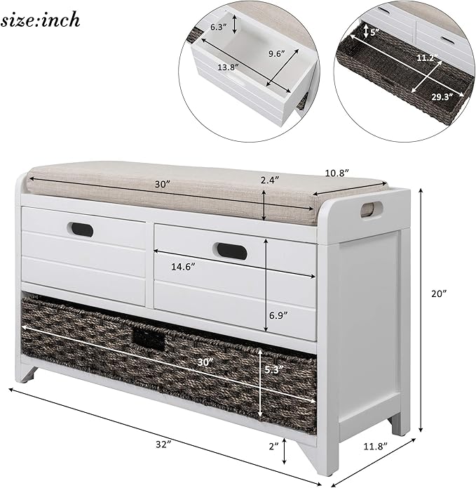 Fully Assembled Storage Bench with Cushioned Seat, 2 Drawers & Removable Basket, Solid Wood Entryway Shoe Bench for Bedroom, Hallway, Living Room (White)
