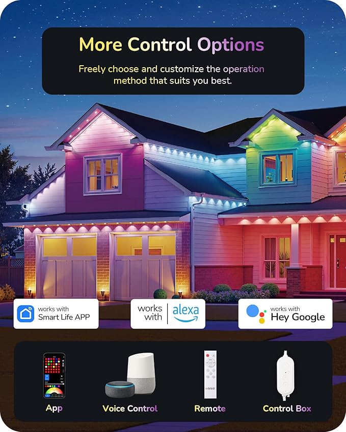 EDISHINE 60ft Permanent Outdoor Eave Lights for House, 40 Individually Controlled LED Christmas Light, IP67 Smart RGB+IC+Warm/Cool White Holiday Light, 50 Scene Modes, Work with Alexa Google Assistant