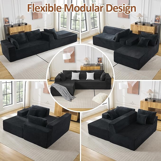 110" Boneless Sectional Couch with Chaise Lounge, Cloud Couch Compressed Sofa L Shape, No Assembly Memory Foam Sofa for Living Room, Black Corduroy