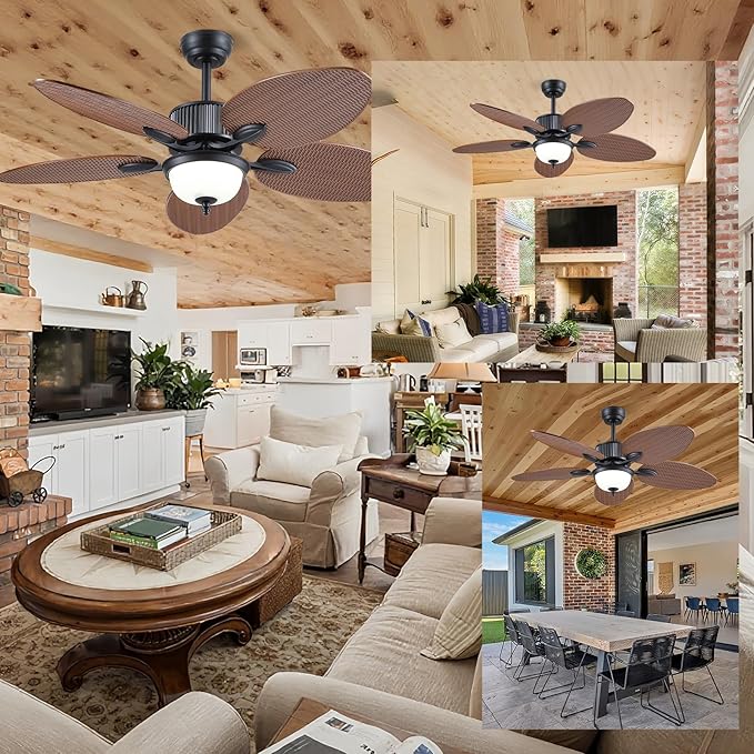 50 Inch Tropical Ceiling Fans with Lights and Remote/APP Control, Outdoor Waterproof Palm Leaf Ceiling Fan for Patios Porches, Wet Rated, Glass Lampshade, 6 Speeds, Quiet, Brown